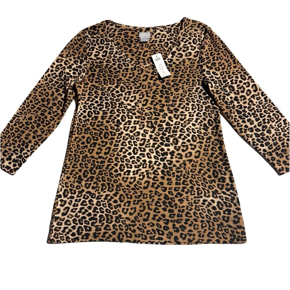 Chicos Pima V-Neck Top Size 0 Women’s S Small 3/4 Sleeve Animal Print NWT